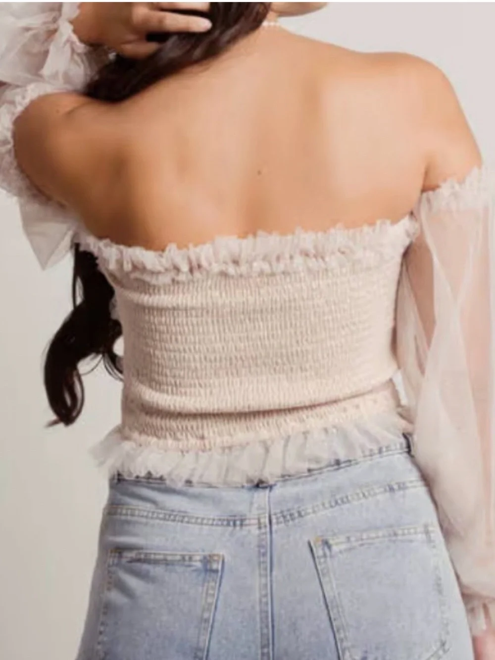 Mable x Anthropologie Romantic Smocked Tulle Tube Cropped Top Neutral Large NEW - Picture 5 of 9